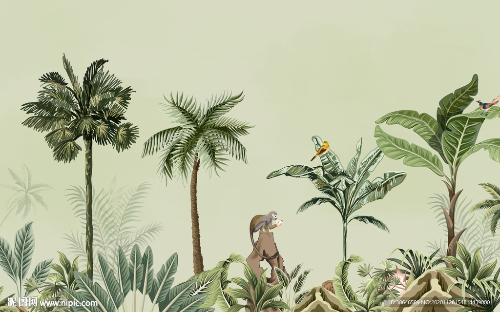 欧式手绘热带雨林植物背景墙