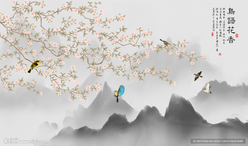 手绘花鸟背景墙
