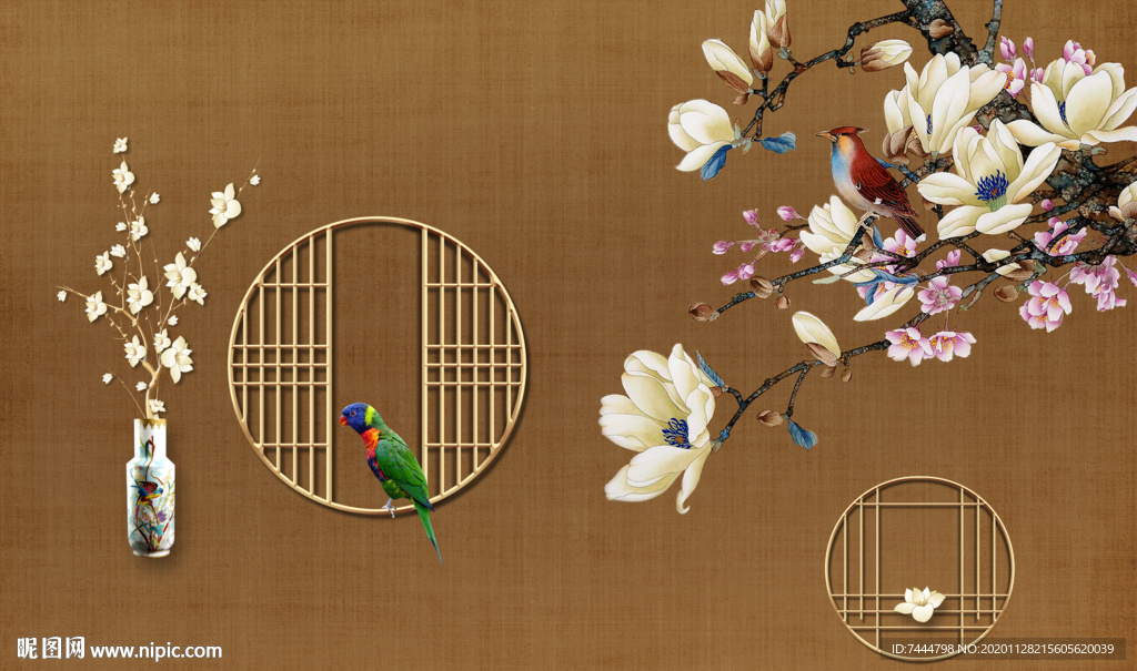中国风玉兰花花鸟装饰画
