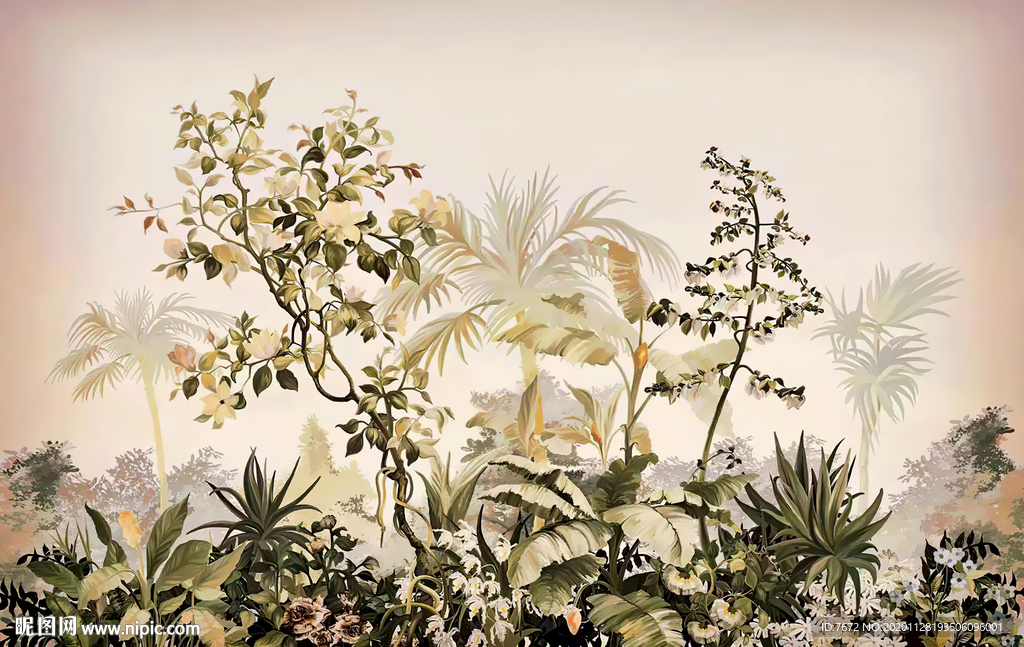 手绘美式中世热带雨林背景墙