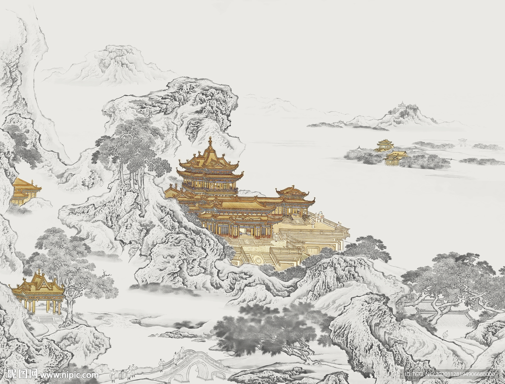 新中式古典水墨山水图