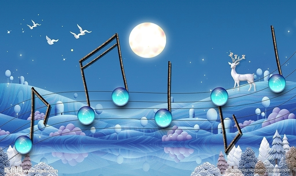 音符月夜电视背景墙