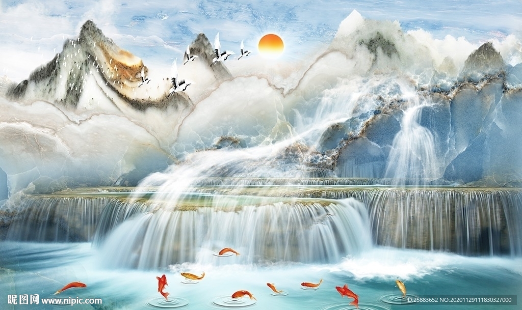 九鱼图山水大理石电视背景墙