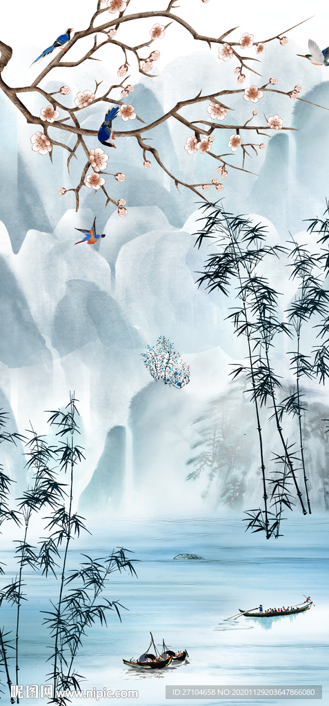 新中式工笔山水画玄关装饰画