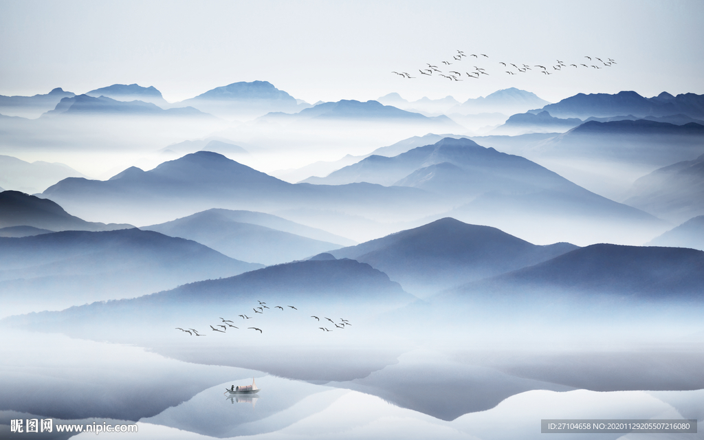 中式蓝色水墨山水背景墙