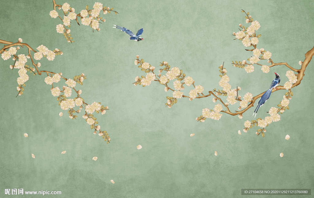 新中式工笔画梅花背景墙