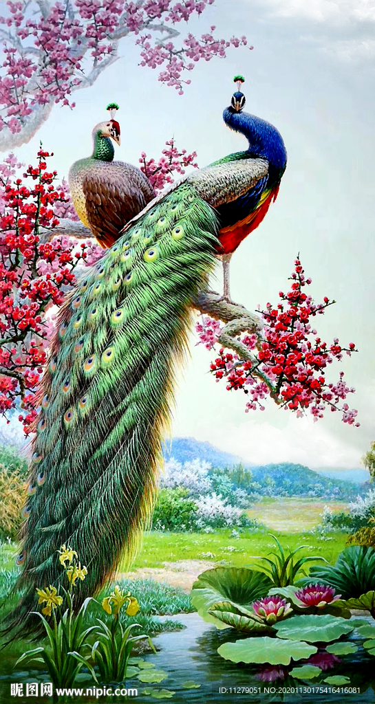 孔雀油画风景画