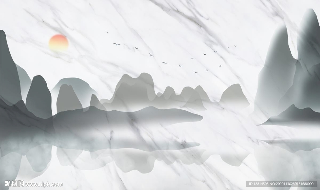 旭日东升水墨山水石纹背景墙