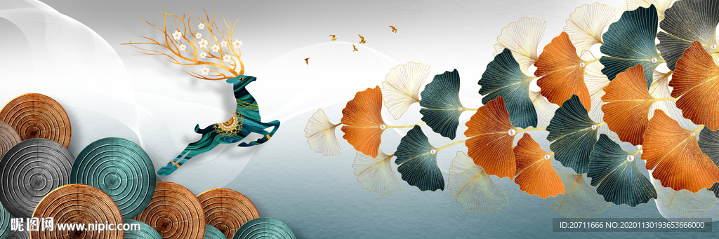 鹿轻奢银杏叶装饰画