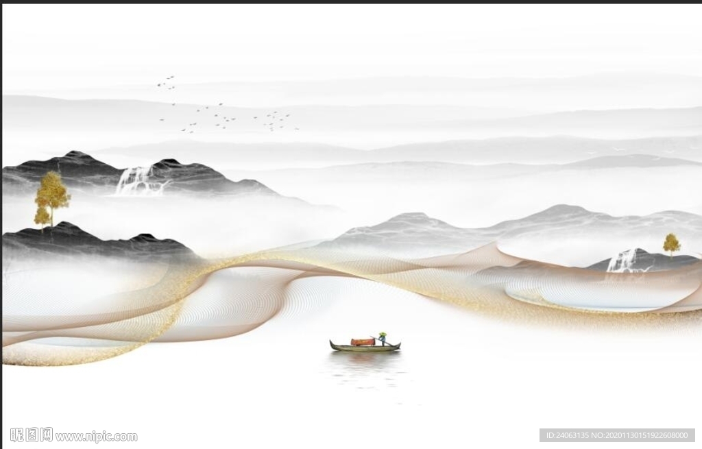 新中式抽象烟雾山水背景墙