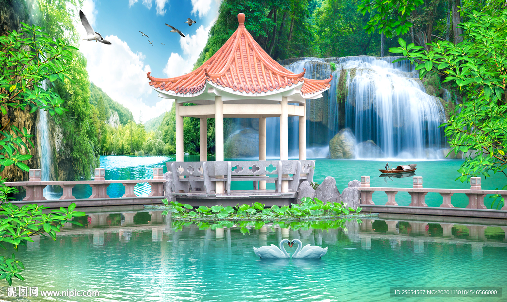 山水电视沙发流水生财背景墙装饰