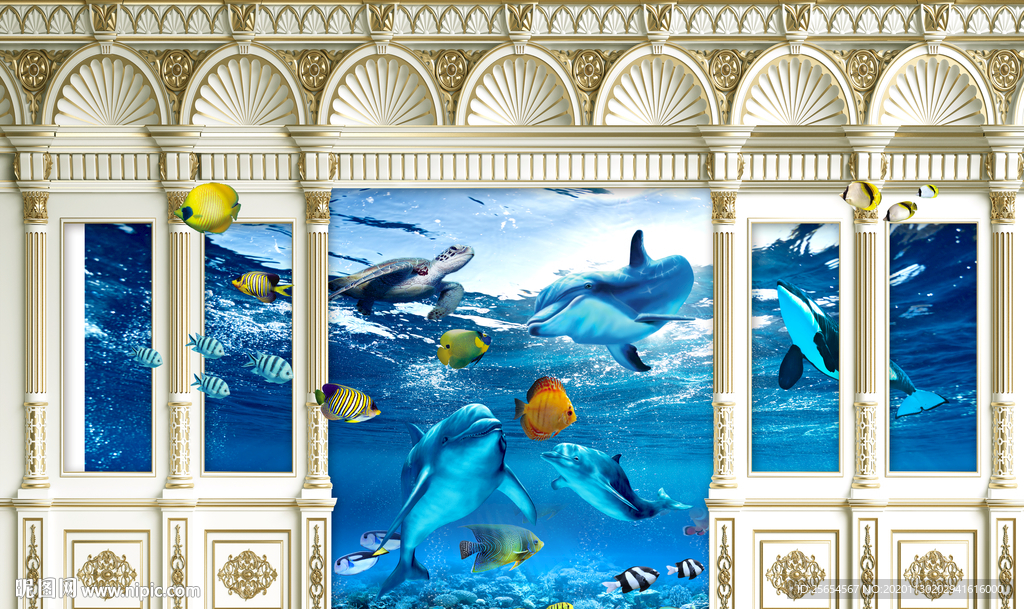 海底世界海豚海草3D电视背景墙