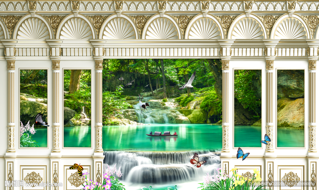 瀑布山水风景画流水生财背景墙