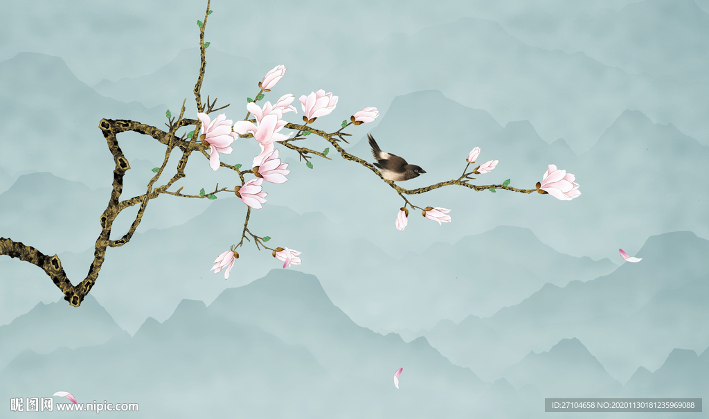 新中式玉兰花工笔画背景墙