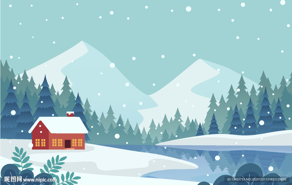 冬季下雪天的湖边