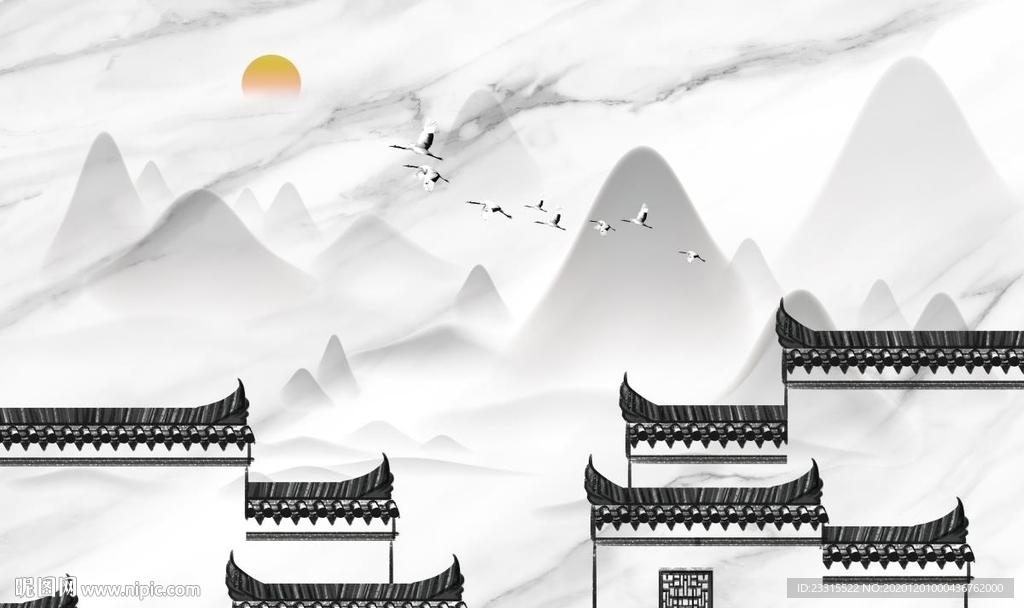 江南山水旭日东升爵士白背景墙