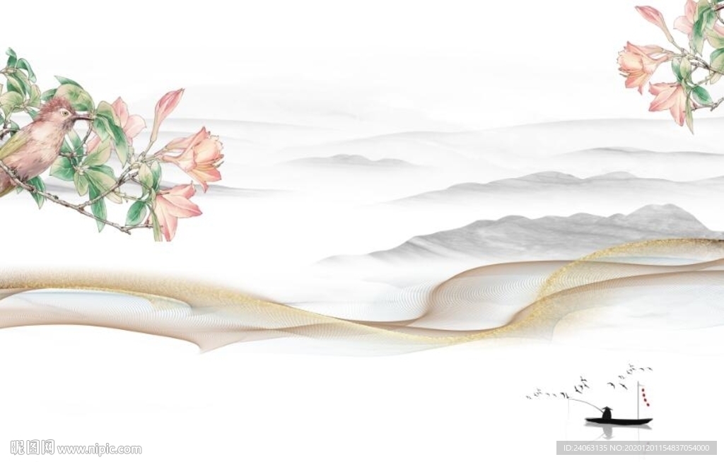 新中式抽象烟雾山水百合花鸟背景