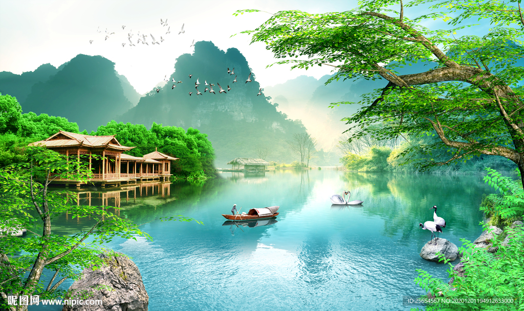 风景画流水生财背景墙