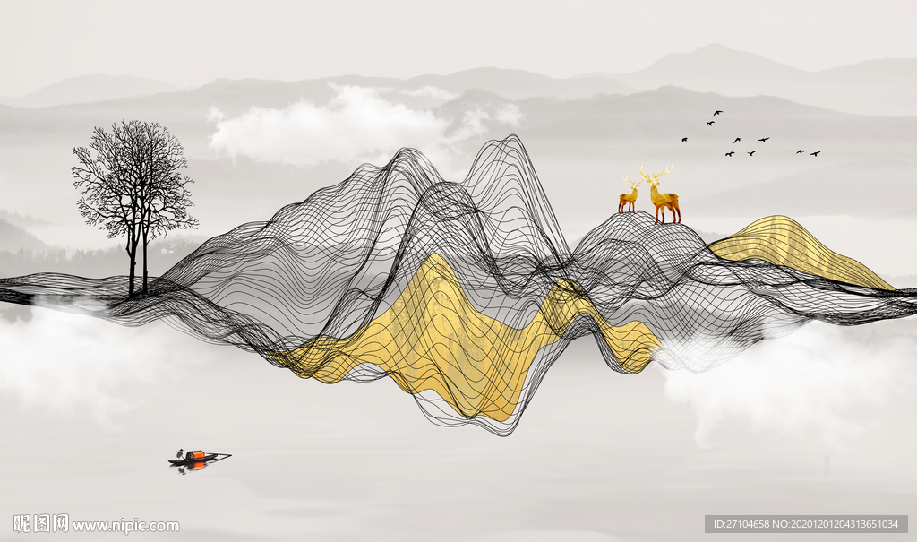 中式抽象线条轻奢麋鹿背景墙