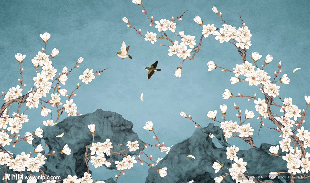 中式工笔画玉兰花背景墙