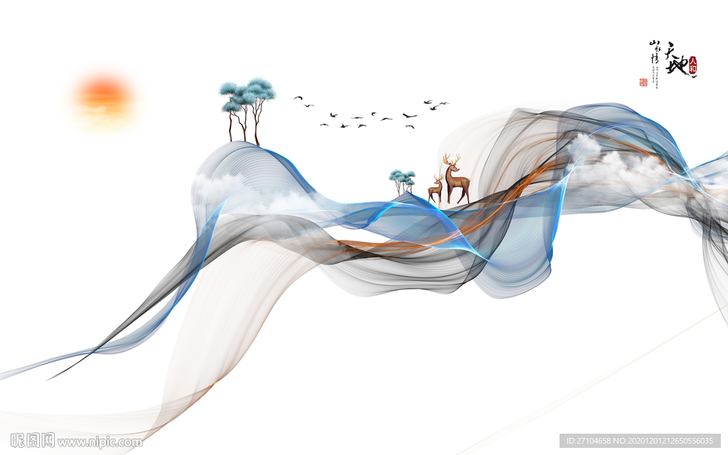 中式抽象线条麋鹿山水背景墙