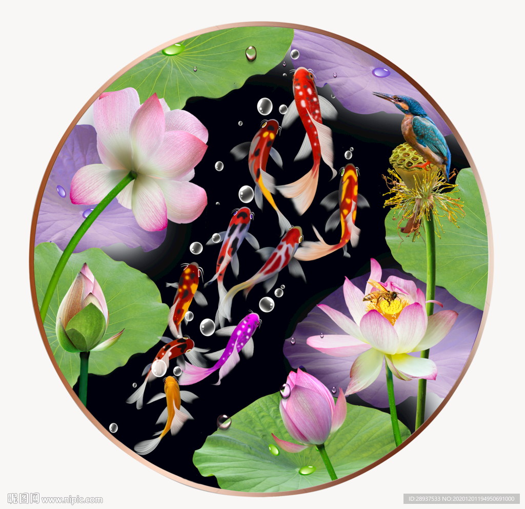 原创圆型荷花鲤鱼装饰画壁画