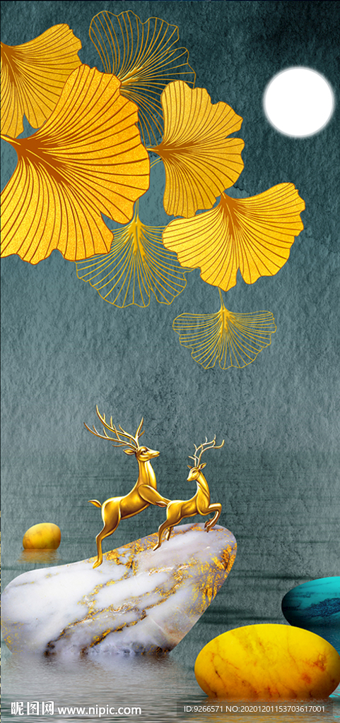 石来运转麋鹿玄关晶瓷画装饰画