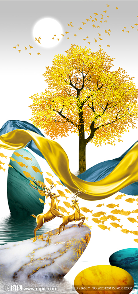 石来运转麋鹿玄关晶瓷画装饰画