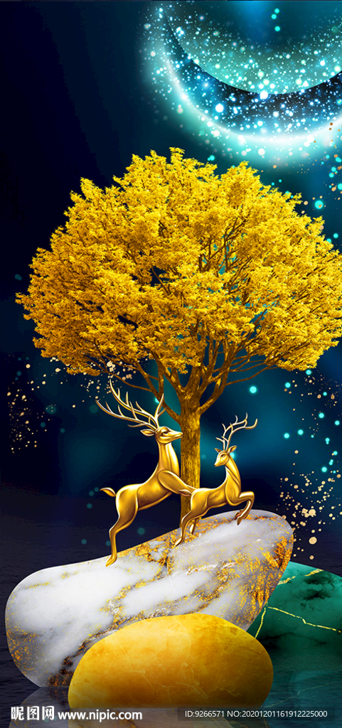 石来运转麋鹿玄关晶瓷画装饰画