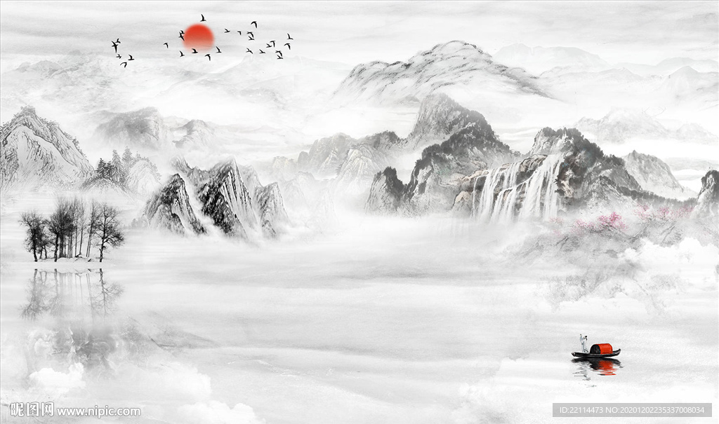 新中式意境水墨山水大理石背景墙