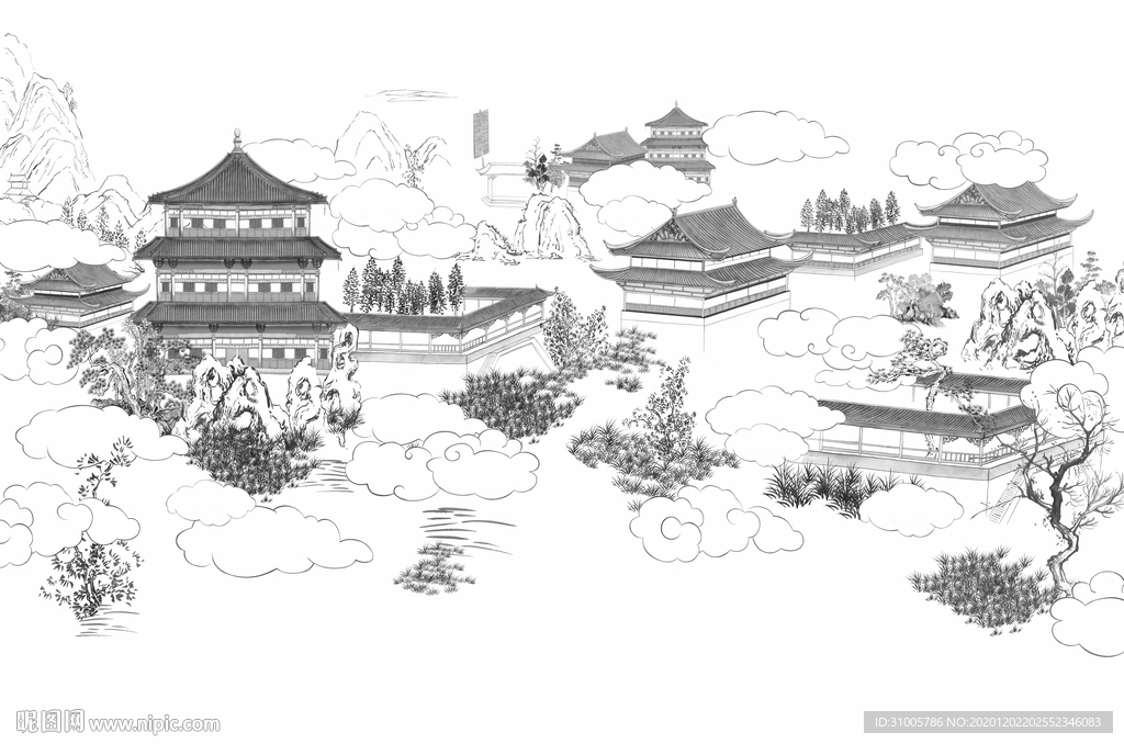 素描楼阁阁楼中式庭院建筑