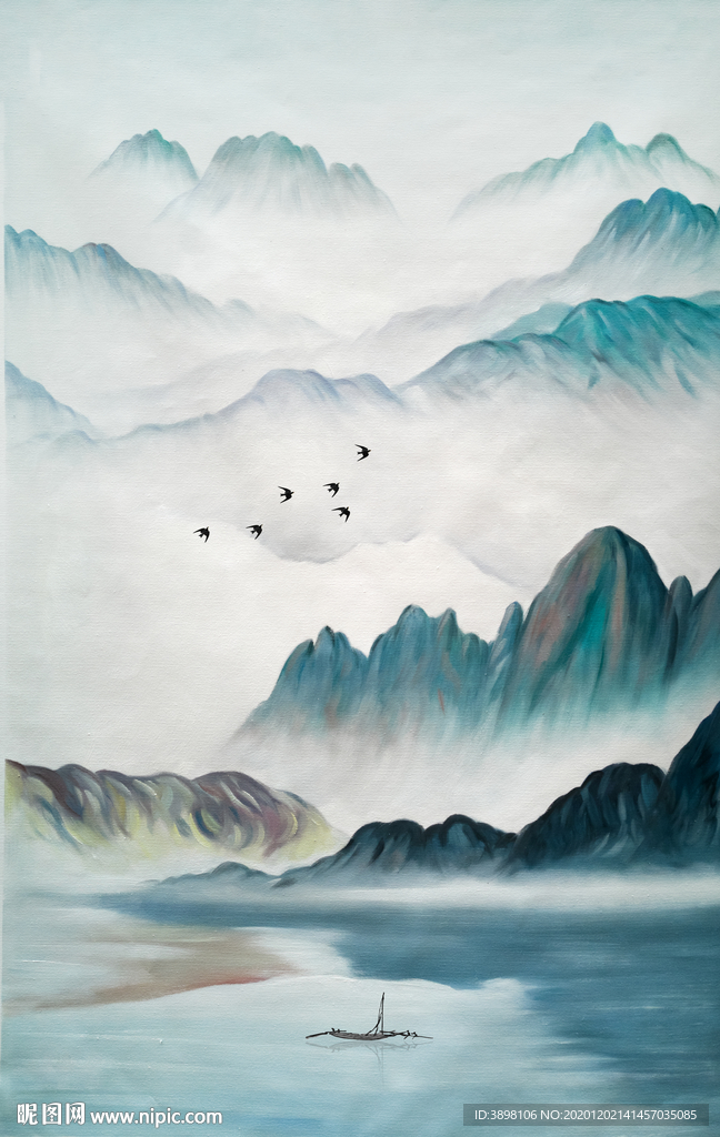 手绘新中式山水仙境玄关装饰画