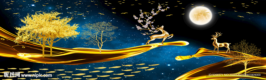 石来运转麋鹿山水画床头画装饰画