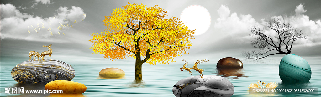 石来运转麋鹿山水画床头画装饰画