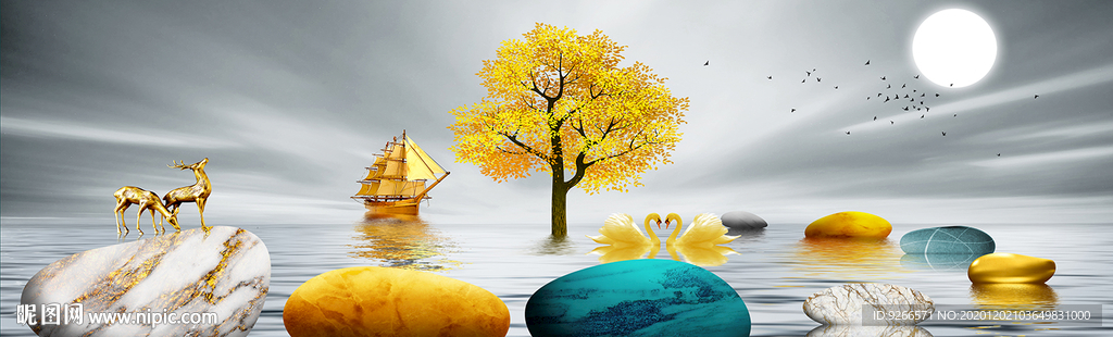 石来运转麋鹿山水画床头画装饰画