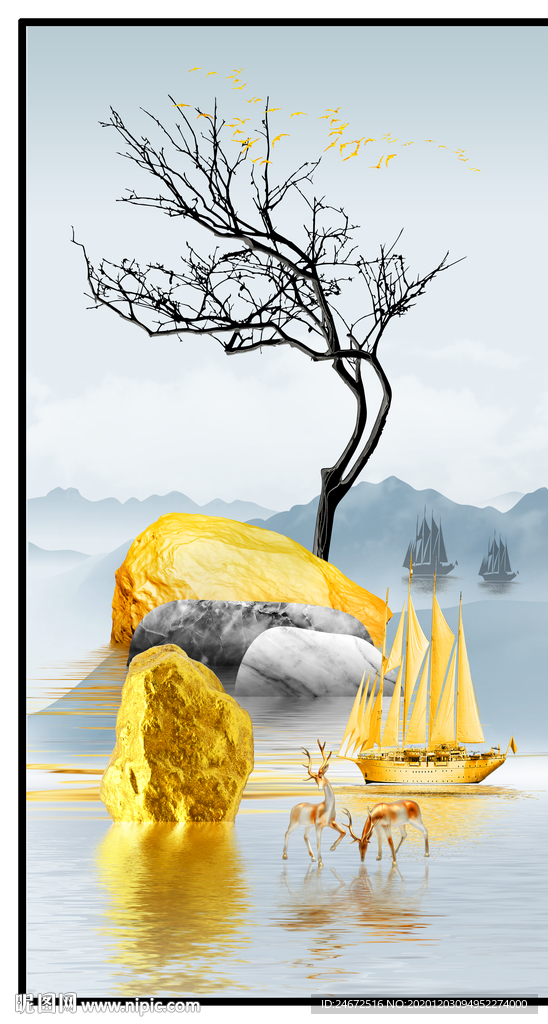 金色帆船轻奢玄关画