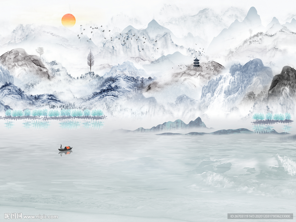 新款爆款意境山水大理石纹背景墙