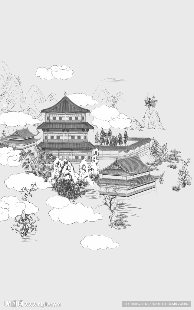 素描楼阁阁楼中式庭院建筑