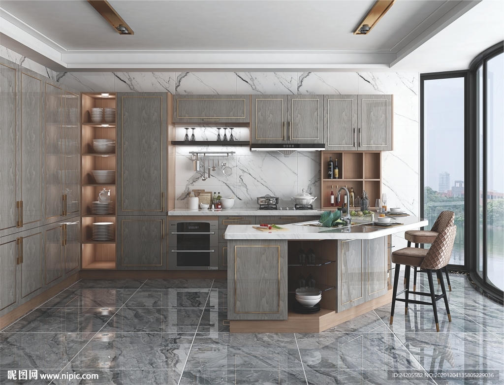 全屋定制镶金条板式厨房橱柜图