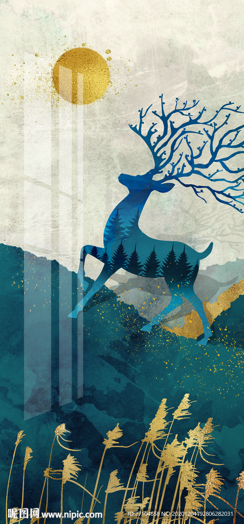 北欧发财鹿玄关装饰画