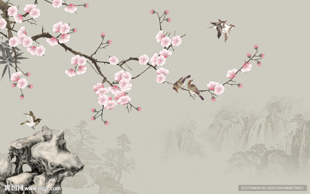 新中式手绘梅花工笔画背景墙