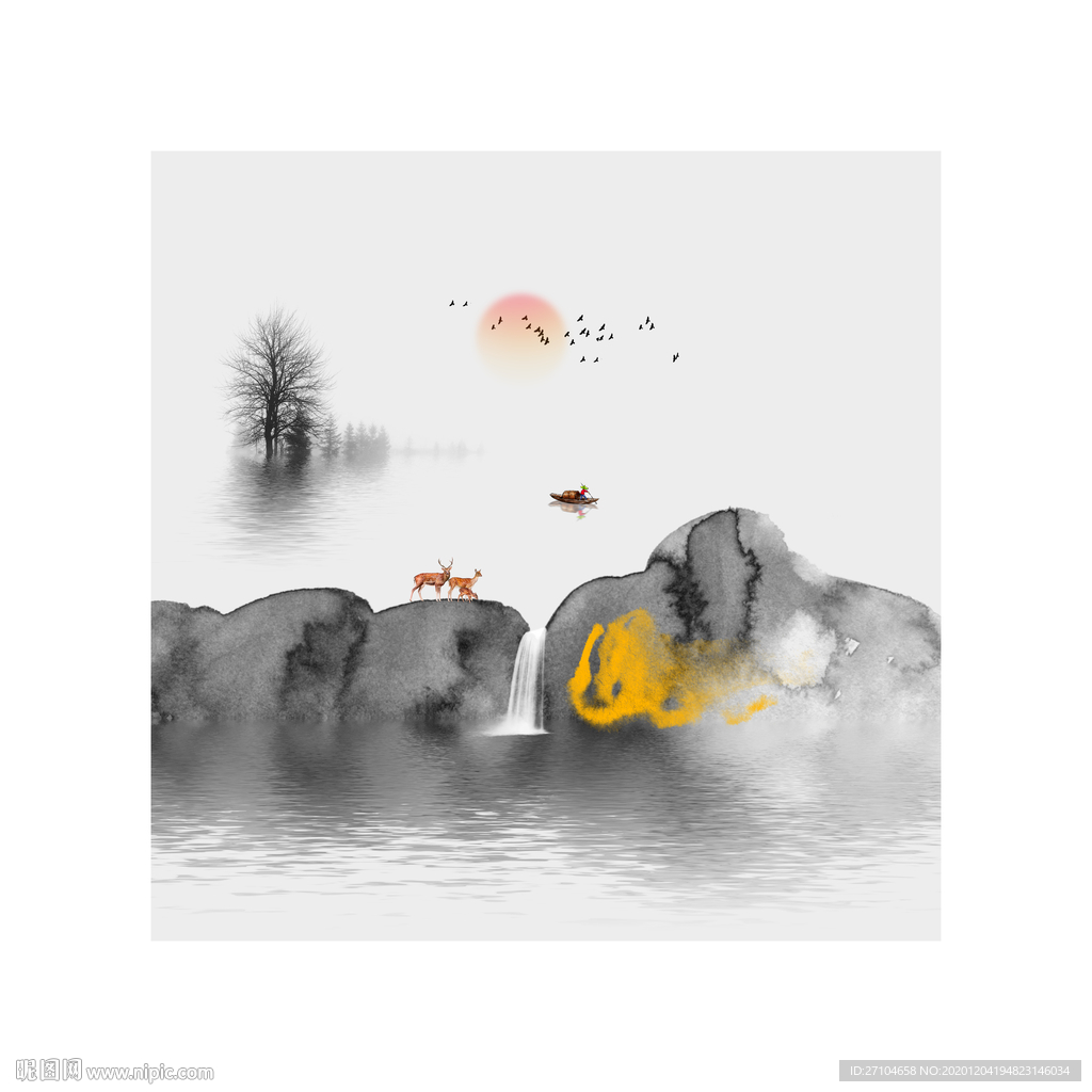 轻奢抽象山水麋鹿方形装饰画