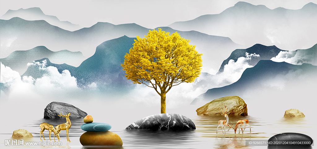 石来运转麋鹿山水抽象晶瓷装饰画