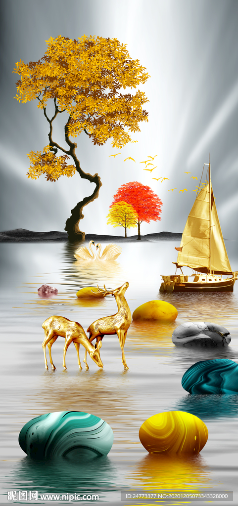 石来运转一帆风顺发财树晶瓷画