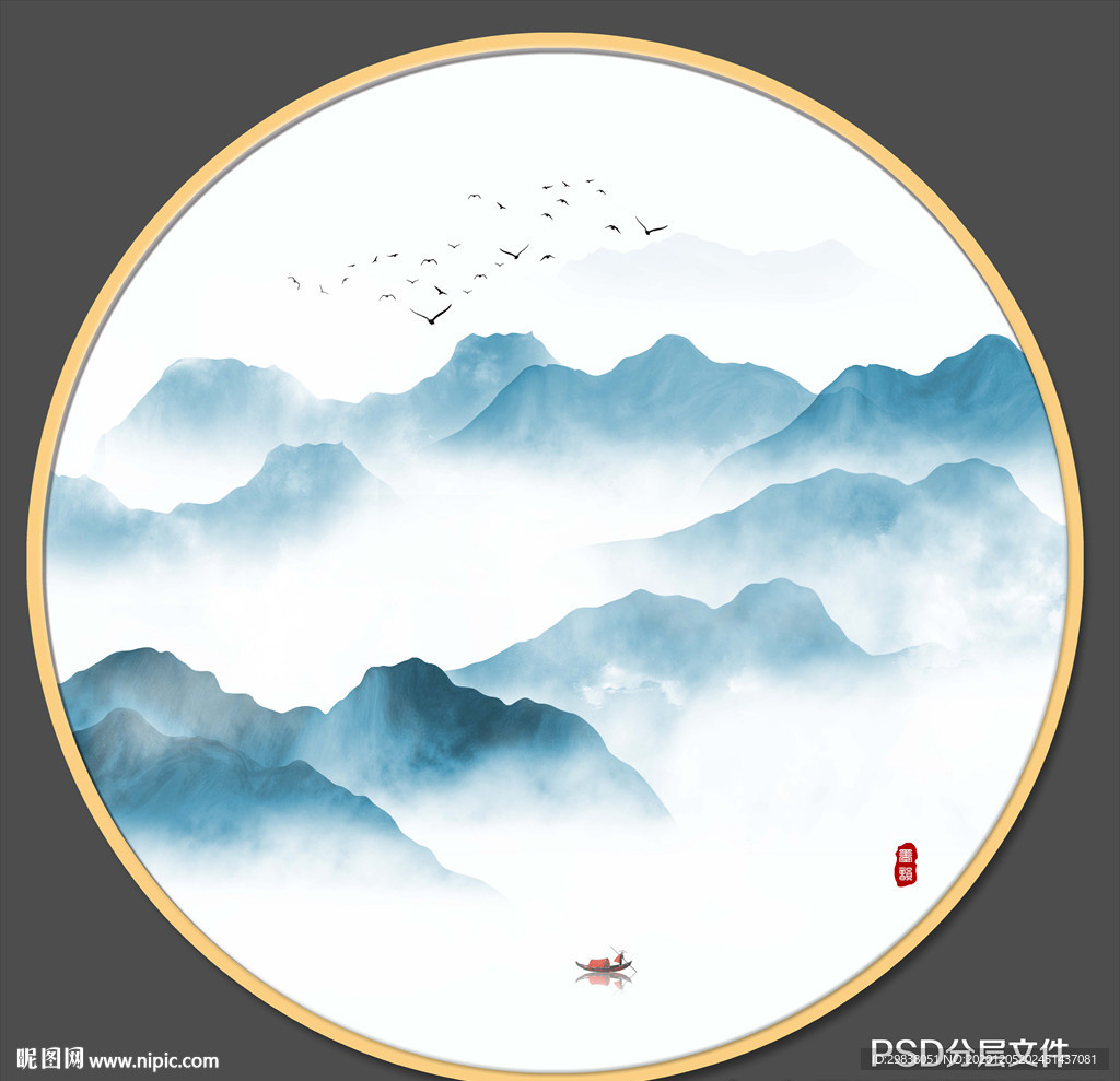 圆形水墨山水画