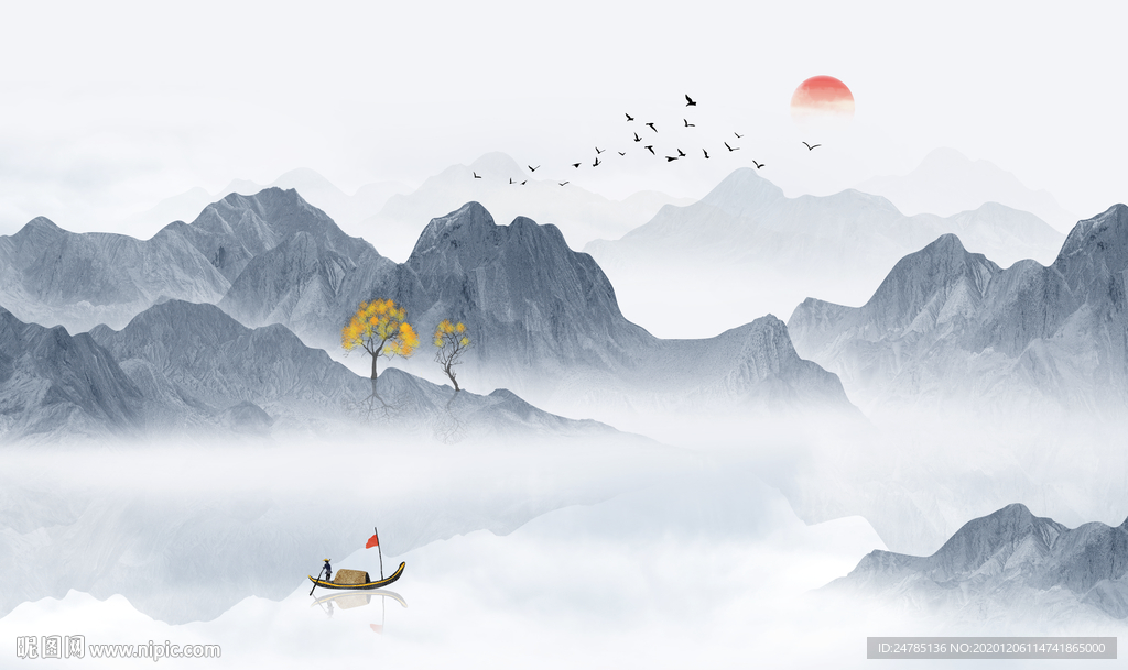 中式水墨山水画