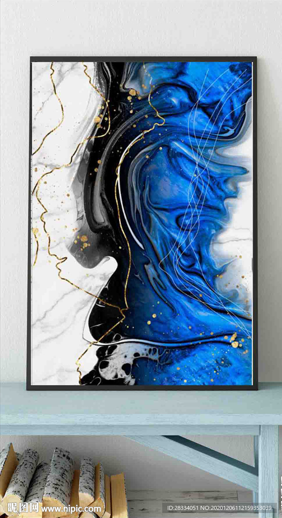 水墨烁金抽象蓝色油画玄关装饰画