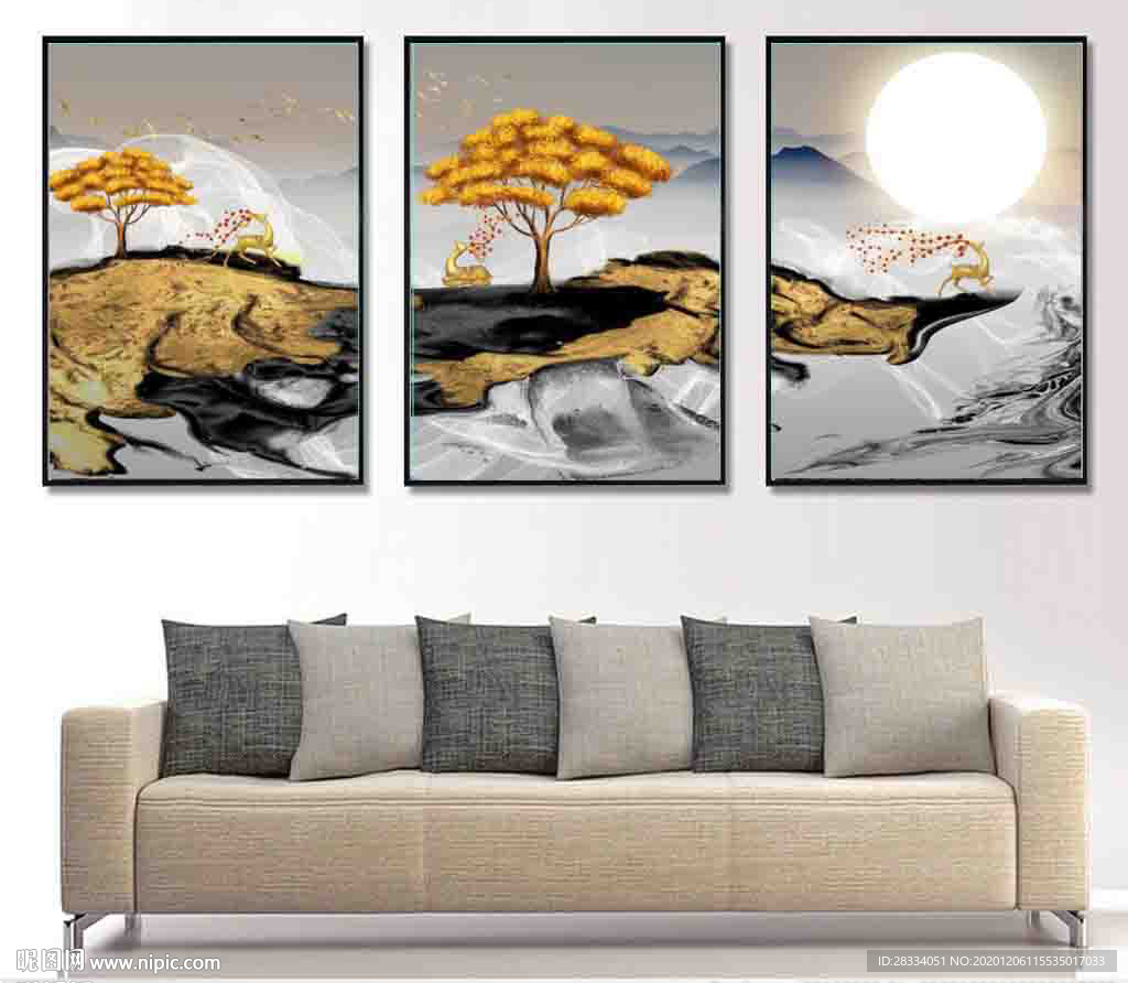 新中式抽象金色麋鹿山水装饰画