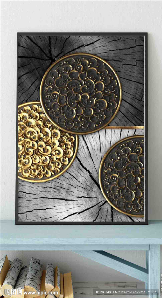 现代烁金水墨金色年轮木纹装饰画