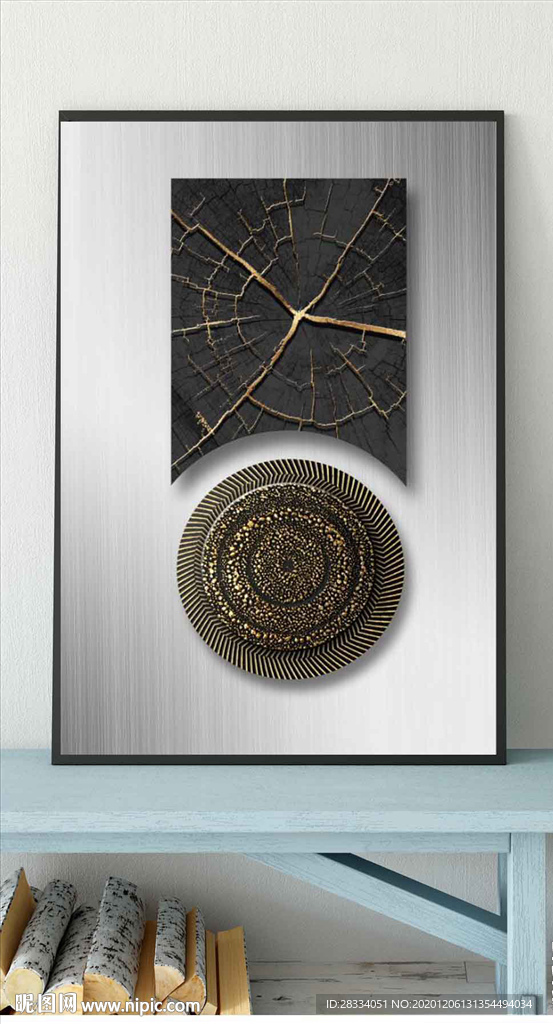 现代烁金水墨金色年轮木纹装饰画